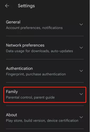 google play store family setting section